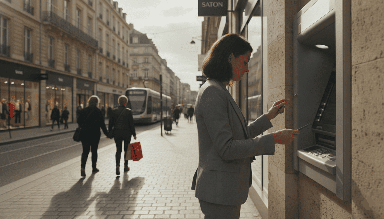 Femme consultant un distributeur bancaire avec une carte en main dans une rue commerçante.