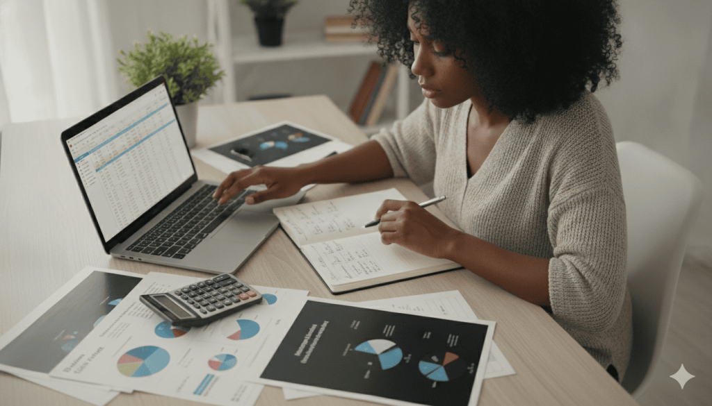Investisseuse comparant différentes solutions d’épargne et de placement sur son ordinateur.