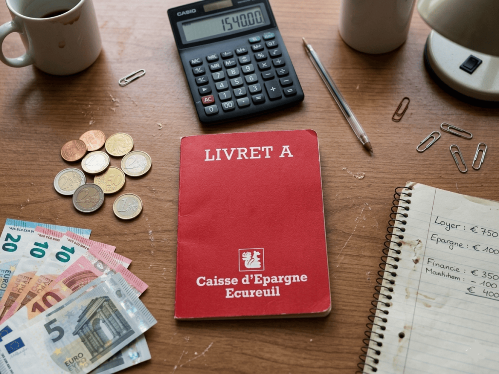 Livret A posé sur un bureau près d'une calculatrice, quelques billets en euro et quelques pièces