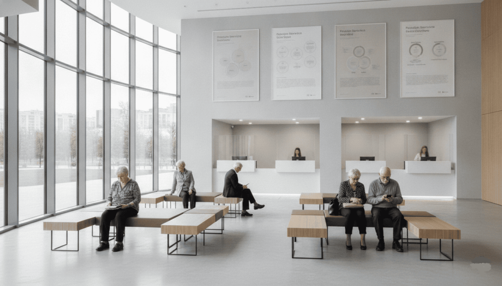 Espace d’accueil administratif dédié aux retraites avec des usagers en attente d’informations.