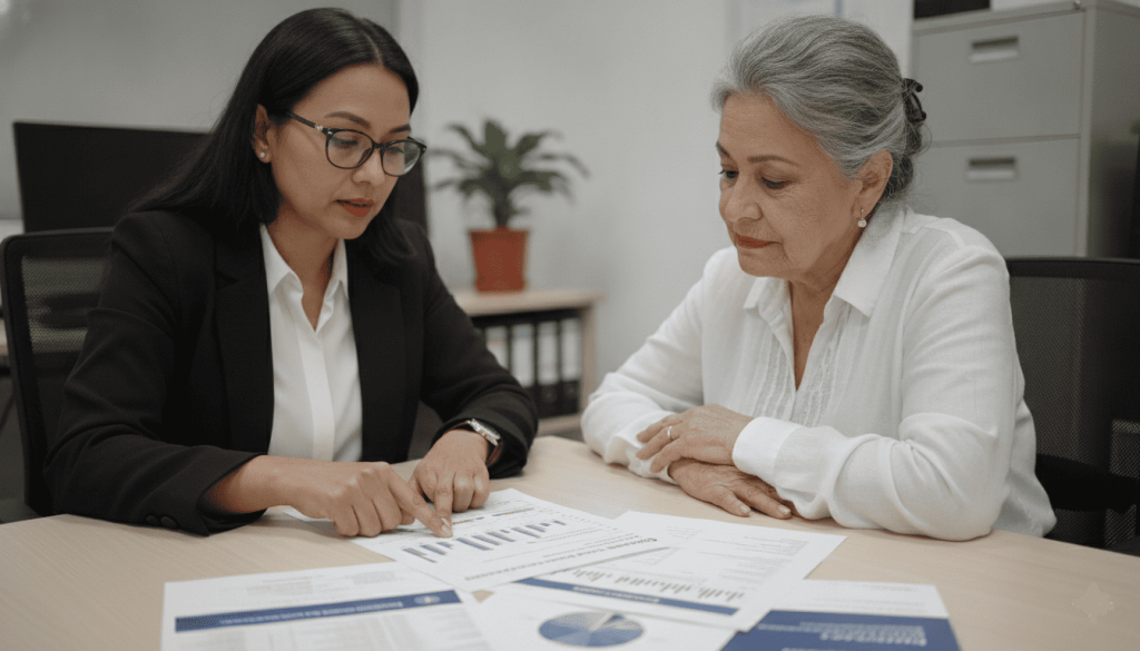 Conseillère retraite expliquant les conditions de revalorisation à une retraitée lors d’un rendez-vous.