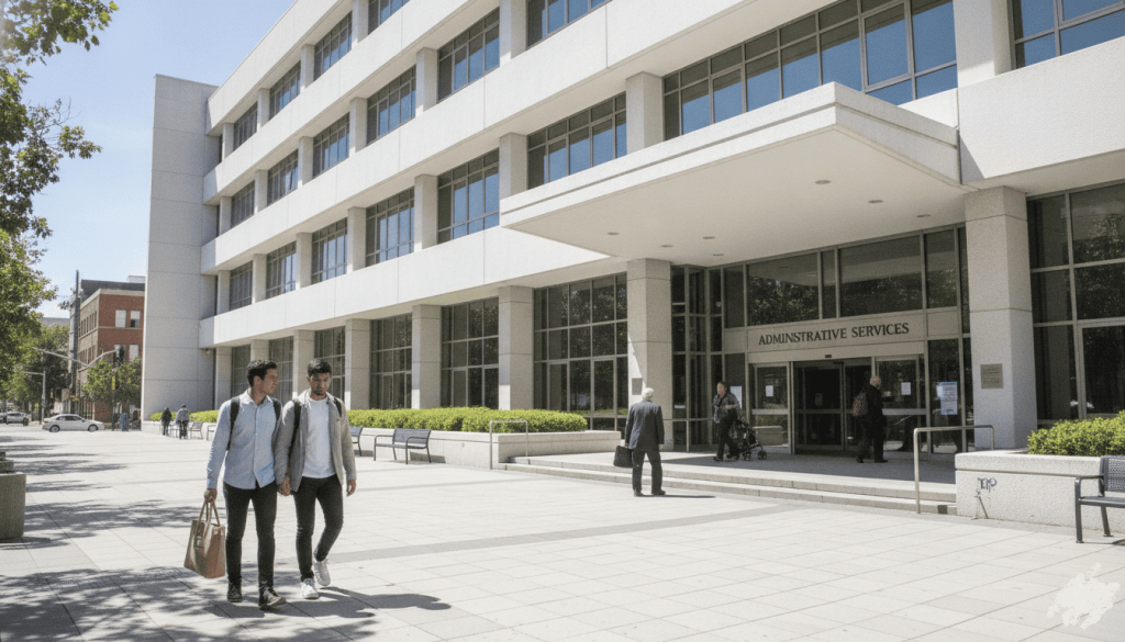 Bâtiment administratif accueillant des contribuables pour leurs démarches fiscales.