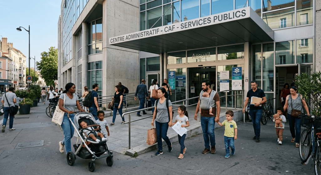 Familles se rendant dans un centre administratif pour des démarches sociales.