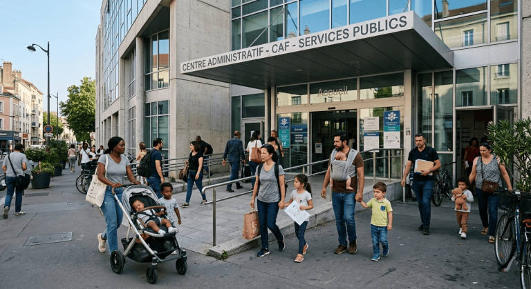 Familles se rendant dans un centre administratif pour des démarches sociales.