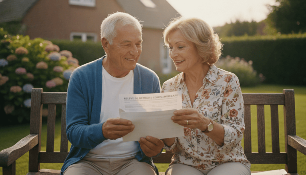 Couple de retraités consultant un relevé de retraite complémentaire dans leur jardin