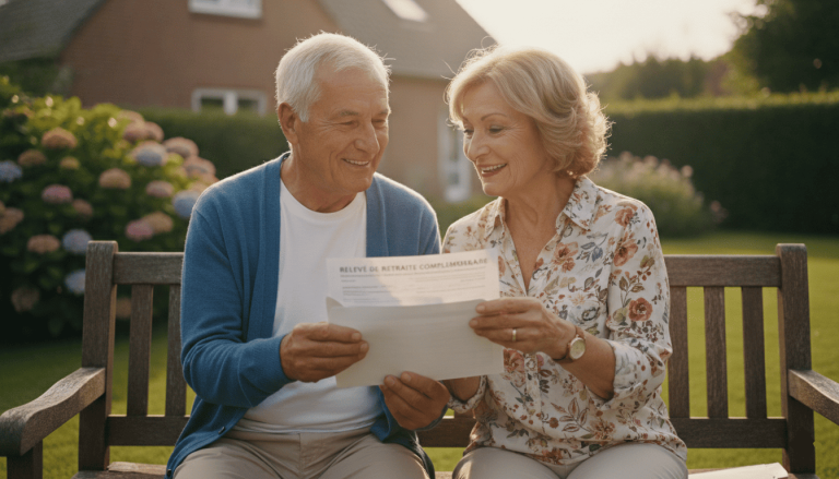 Couple de retraités consultant un relevé de retraite complémentaire dans leur jardin