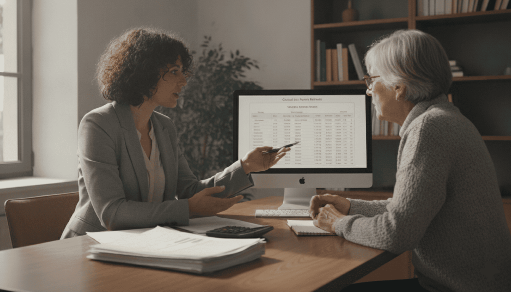 Conseillère retraite expliquant le calcul des points à une bénéficiaire.