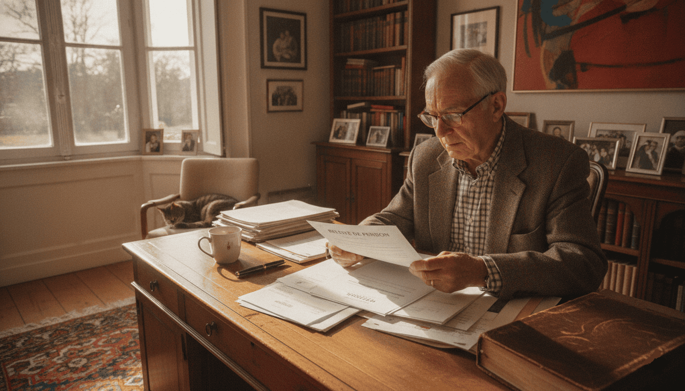Retraité consultant un relevé de pension à son domicile.