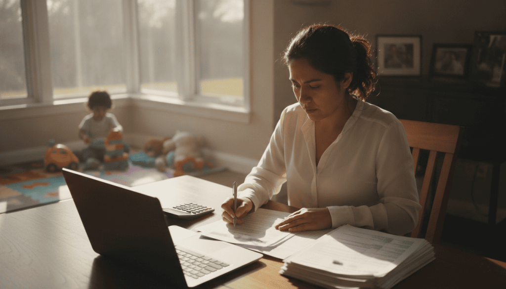 Mère préparant sa déclaration fiscale à la table de la salle à manger pendant que son enfant joue en arrière-plan.