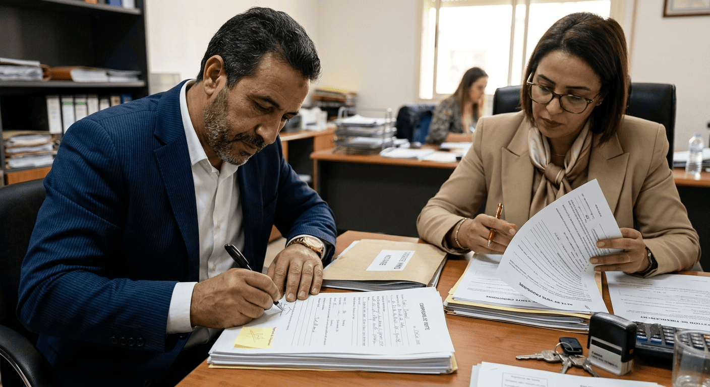 Signature d’un compromis de vente dans un bureau immobilier avec documents administratifs.