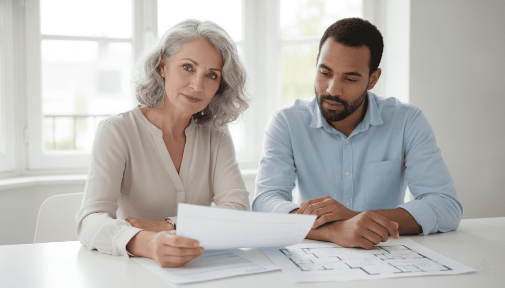 Femme senior et son fils consultant des documents patrimoniaux autour d’une table dans une maison lumineuse.