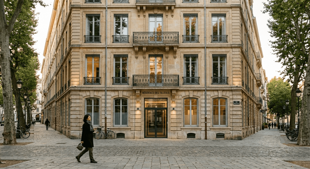 Immeuble résidentiel rénové dans un quartier calme avec habitants visibles aux abords du bâtiment.
