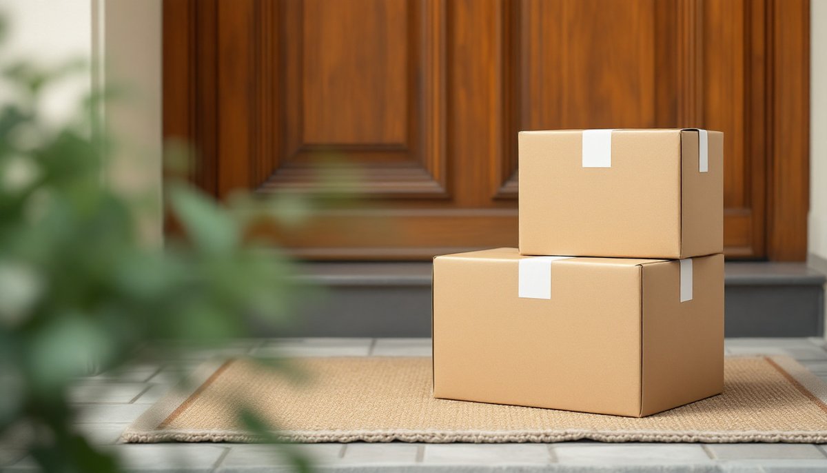 Colis en carton posés devant une porte : paiement AMZ Digital FRA