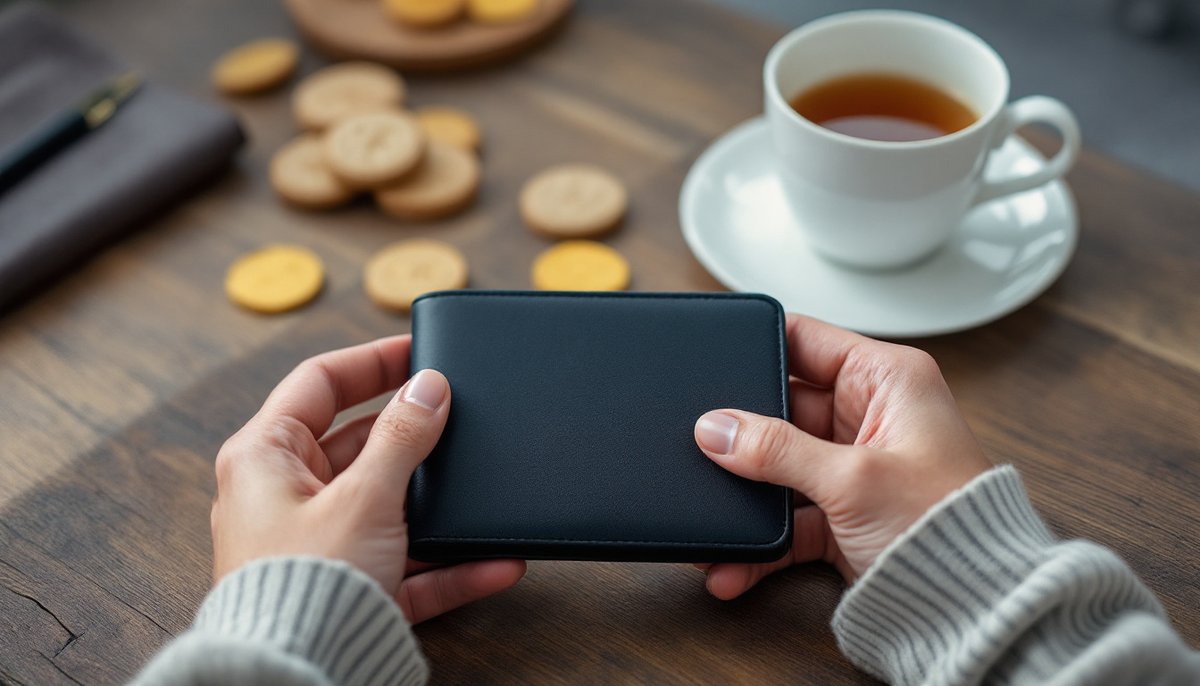 Mains posées sur un portefeuille fermé, à côté d'une tasse de thé : trustly group ab c'est quoi
