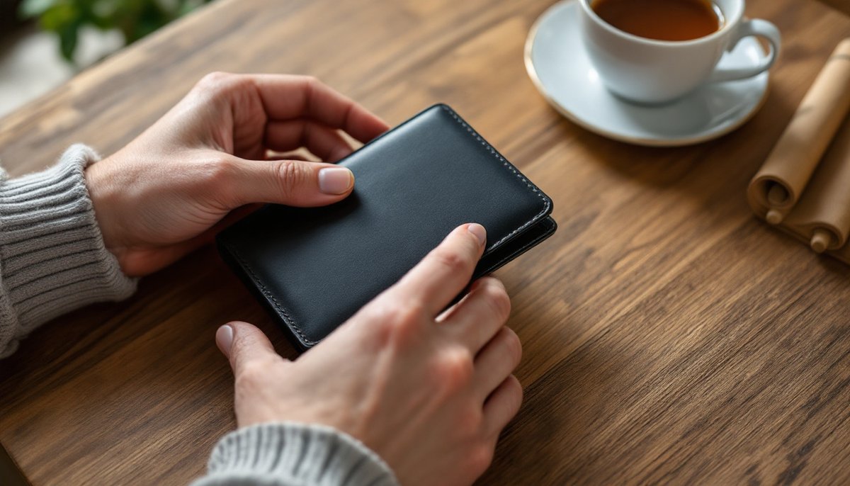 Mains posées sur un portefeuille fermé, à côté d'une tasse de thé : prélèvement paddle net