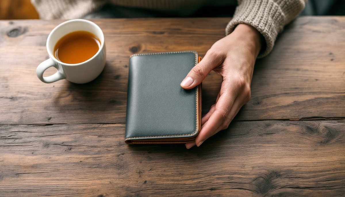 Mains posées sur un portefeuille fermé, à côté d'une tasse de thé : paiement cb forf p stat web rennes