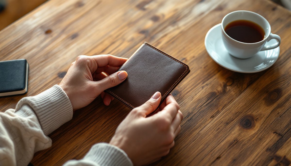 Mains posées sur un portefeuille fermé, à côté d'une tasse de thé : prélèvement wtw france