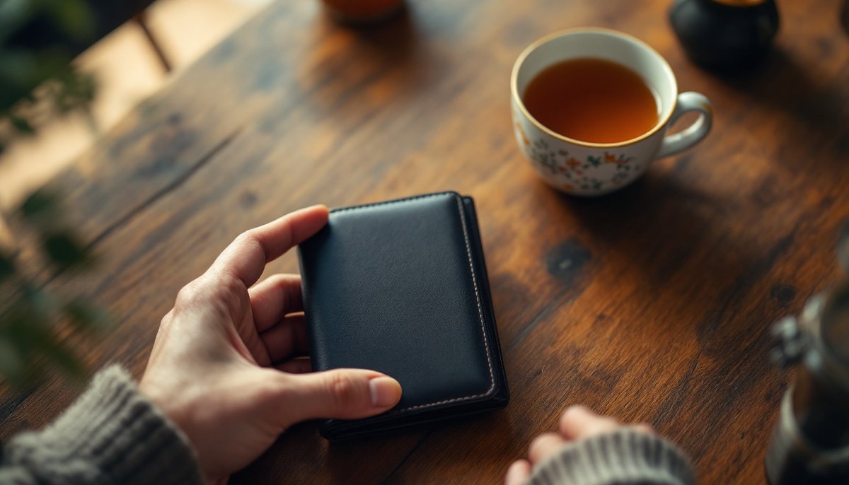 Mains posées sur un portefeuille fermé, à côté d'une tasse de thé : prélèvement french web factory