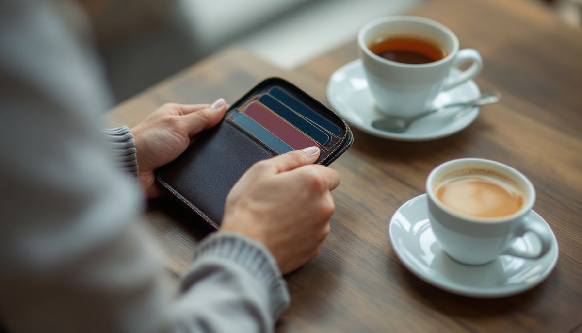Mains posées sur un portefeuille fermé, à côté d'une tasse de thé : hpy boutique