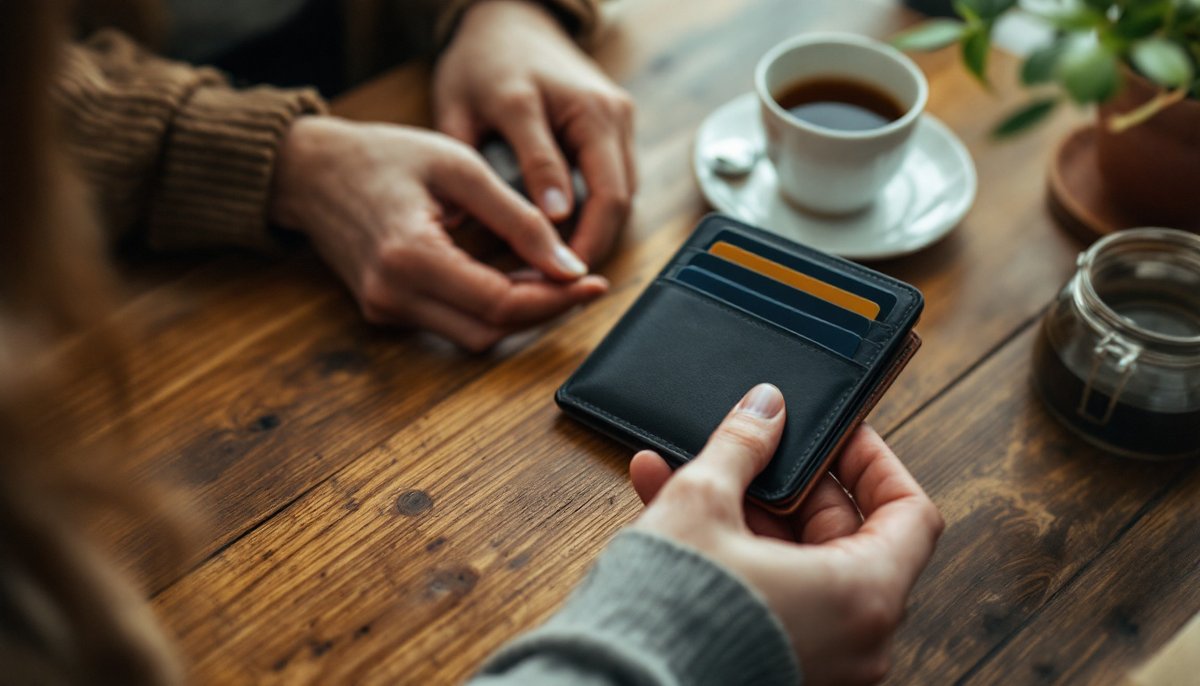 Mains posées sur un portefeuille fermé, à côté d'une tasse de thé : virement de asp agence comptable