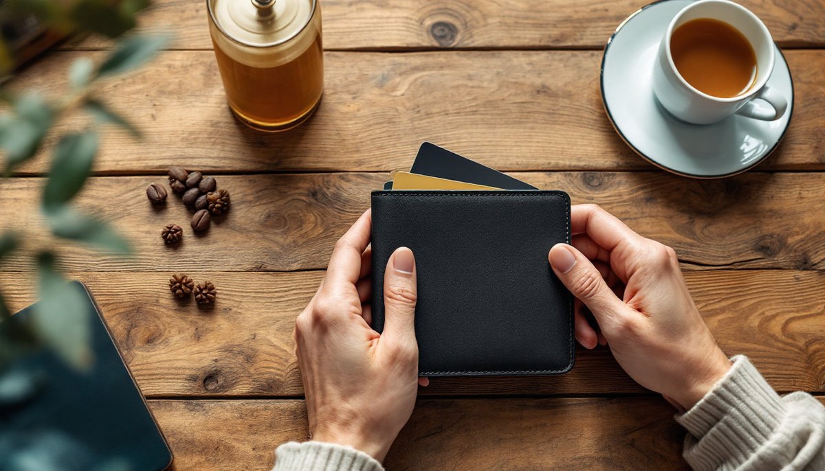 Mains posées sur un portefeuille fermé, à côté d'une tasse de thé : myiq abonnement