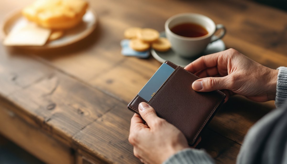 Mains posées sur un portefeuille fermé, à côté d'une tasse de thé : prlv sepa link financial sas