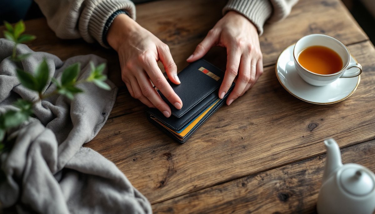 Mains posées sur un portefeuille fermé, à côté d'une tasse de thé : high co data virement c'est quoi