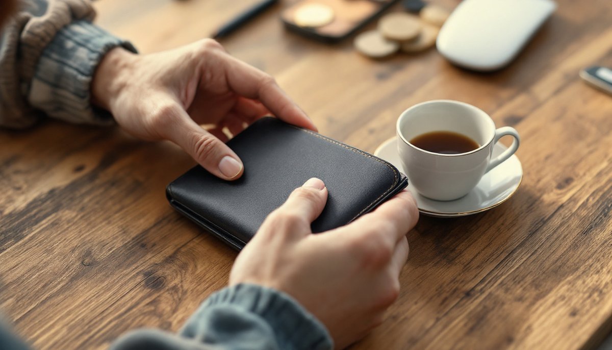 Mains posées sur un portefeuille fermé, à côté d'une tasse de thé : gocardless virement reçu