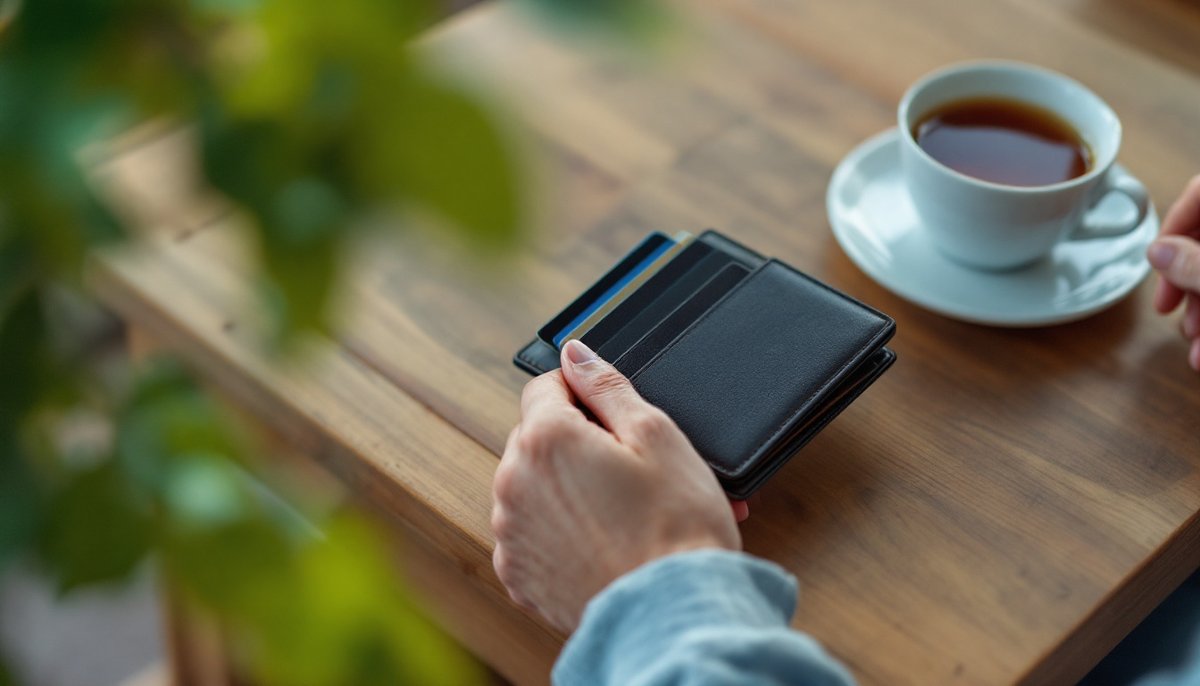 Mains posées sur un portefeuille fermé, à côté d'une tasse de thé : prélèvement sgc cantine