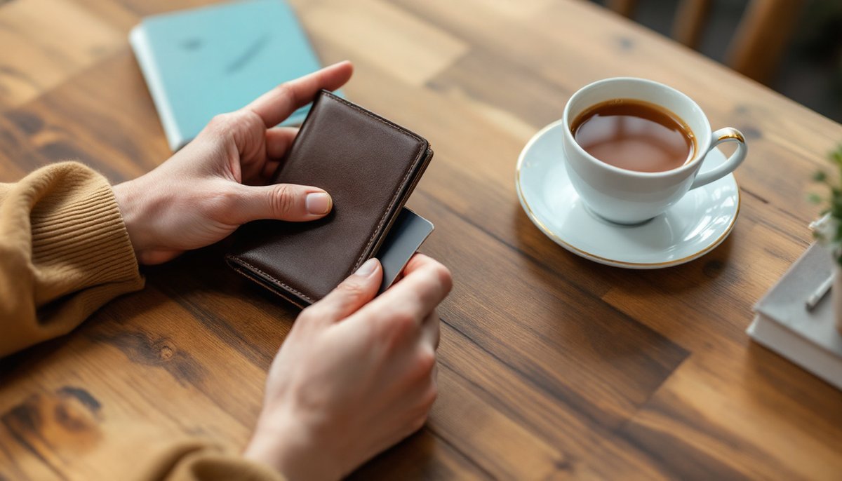 Mains posées sur un portefeuille fermé, à côté d'une tasse de thé : vir inst ipid europe b v