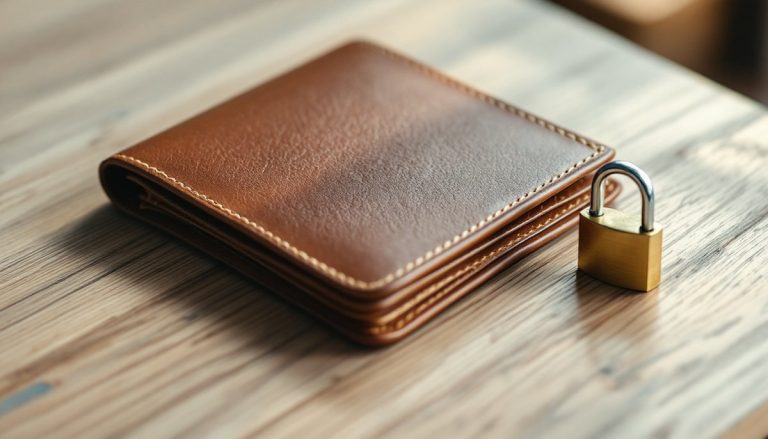 Portefeuille fermé et cadenas posés sur une table : amz digital fra clichy