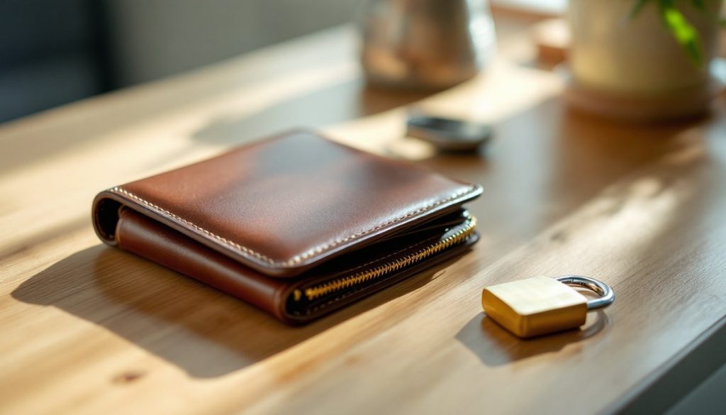 Portefeuille fermé et cadenas posés sur une table : asp agence comptable virement