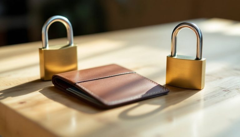Portefeuille fermé et cadenas posés sur une table : forf p stat web c est quoi