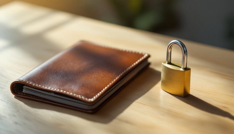 Portefeuille fermé et cadenas posés sur une table : high co data virement