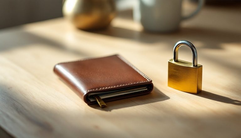 Portefeuille fermé et cadenas posés sur une table : hpy poste en ligne