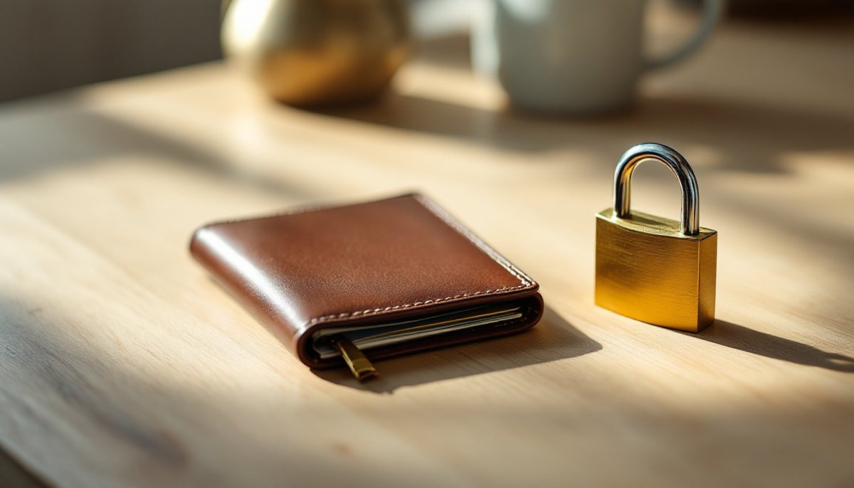 Portefeuille fermé et cadenas posés sur une table : hpy poste en ligne
