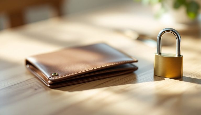 Portefeuille fermé et cadenas posés sur une table : l-commerce ivry
