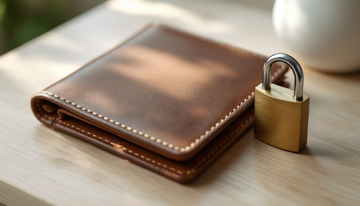Portefeuille fermé et cadenas posés sur une table : la french web factory prélèvement