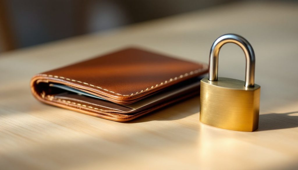 Portefeuille fermé et cadenas posés sur une table : link financial sas