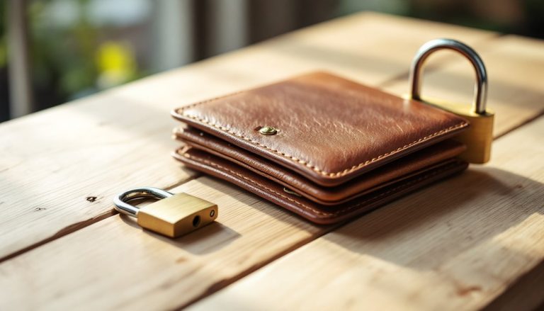 Portefeuille fermé et cadenas posés sur une table : sgc prélèvement