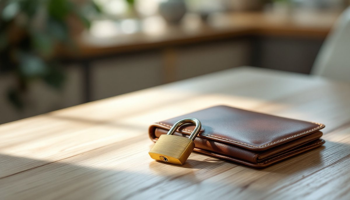 Portefeuille fermé et cadenas posés sur une table : trustly